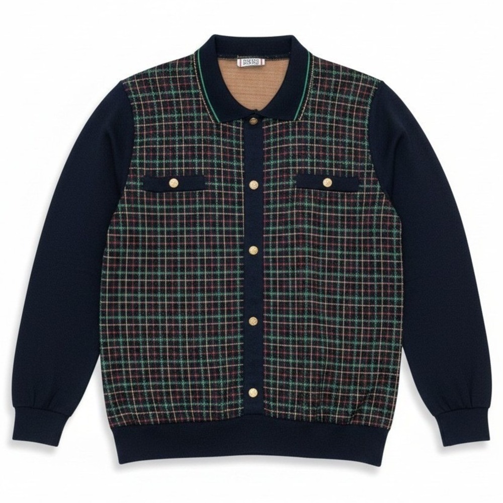 Cricket Lane Plaid Button Front Cardigan Sweater Navy Gold Buttons Women's Large